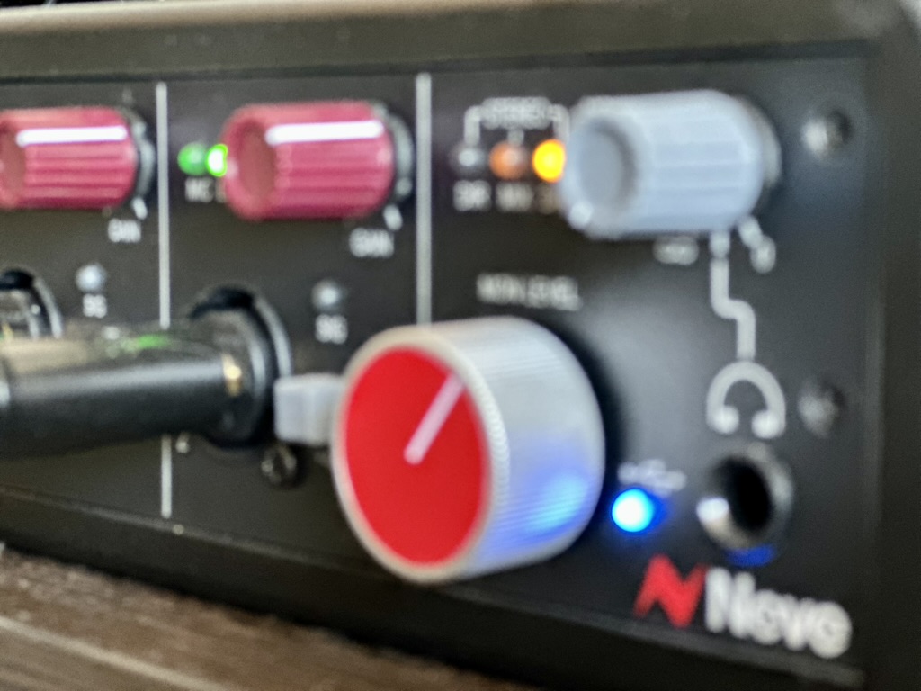 Close-up of the Neve 88M audio interface in Mirco’s studio